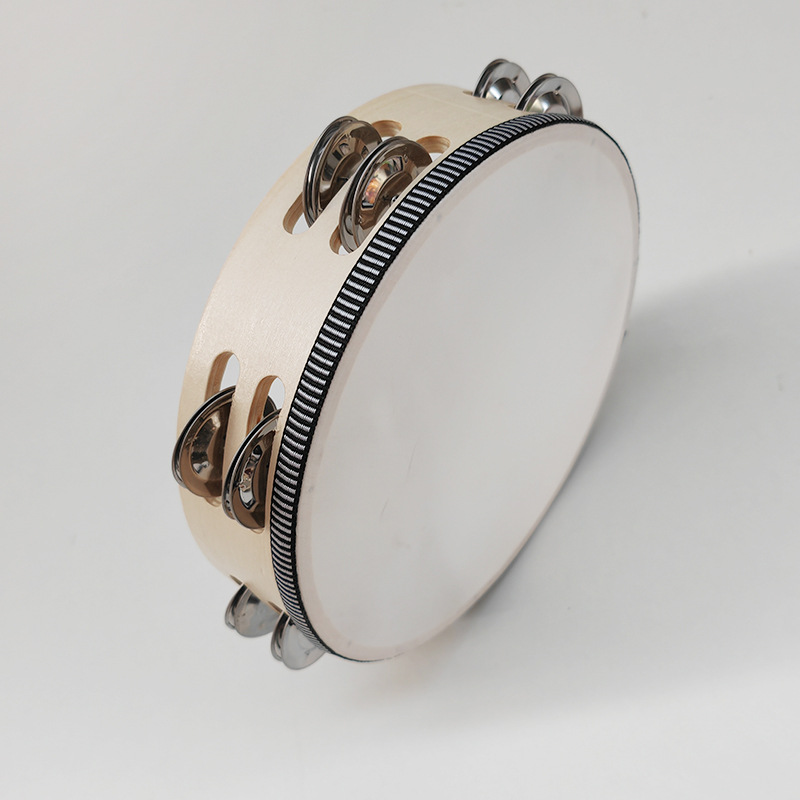 Picture of Wooden Double Row Tambourine Kidsren's Tambourine Percussion Instrument Imitation Goatskin Hand Drum Rattle Orff Musical Instrument Teaching Aids