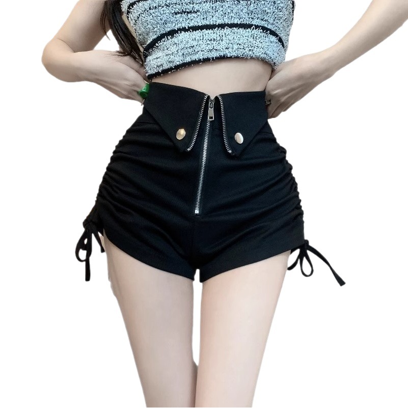 Hot girl drawstring straight casual shorts women's summer thin hot pants black small high waist slimming wide leg pants