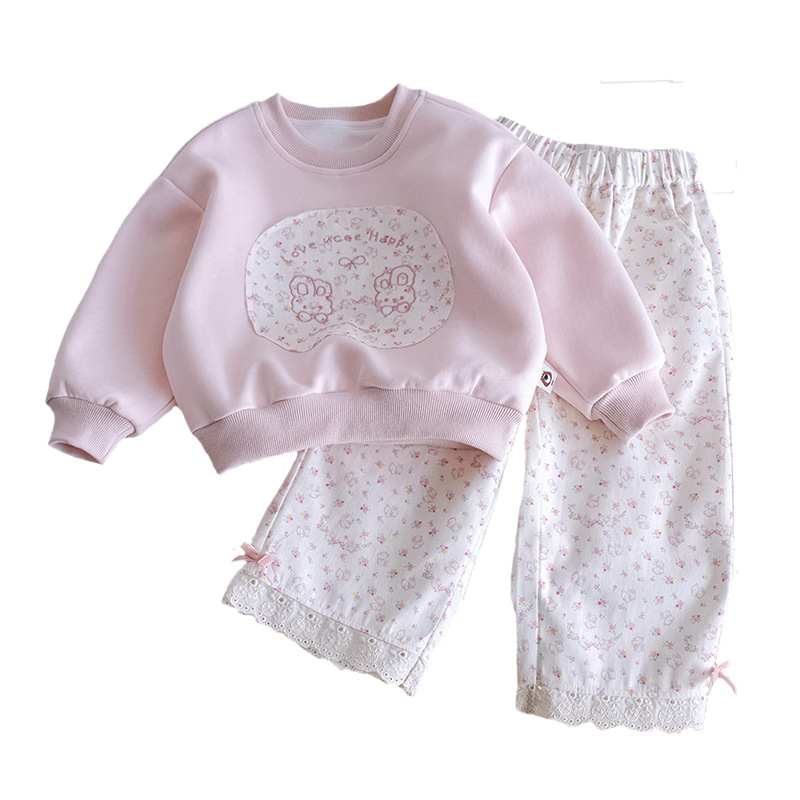 Picture of Girls Cartoon suit 25 New Style Spring and Autumn Casual Rabbit Print Floral Women's Sweet and Cute Two-piece Set