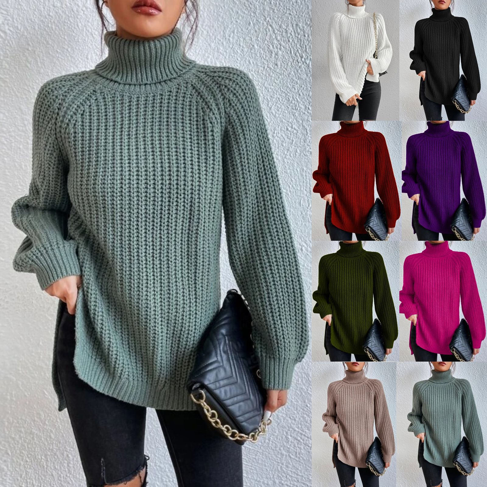 Autumn and Winter new foreign trade wish sweater mid-length raglan sleeve high lapel split sweater dress