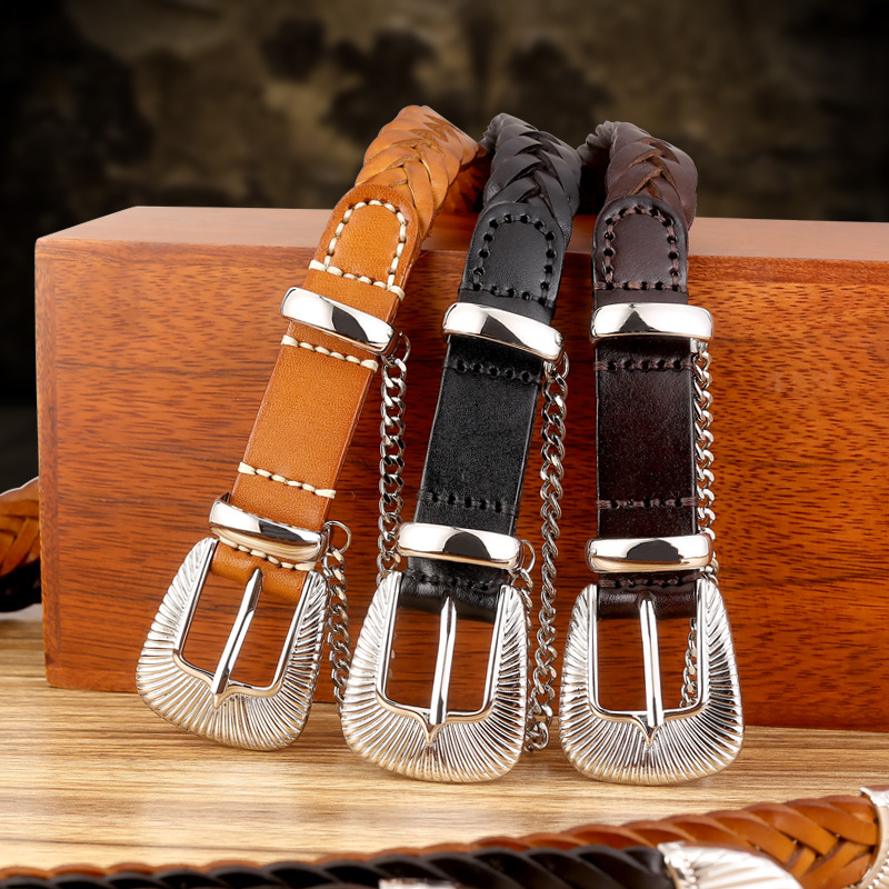 No-pick JD Genuine Leather Belt Women's Hand-woven Casual Decorative Cowhide Punch-free Needle Buckle Belt Women's in stock