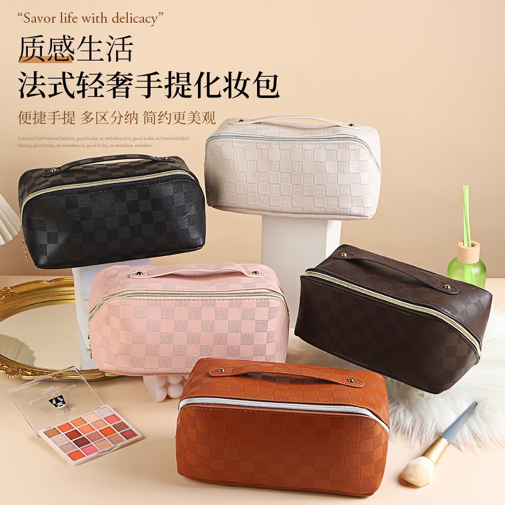 Picture of Cross-border Hot PU Leather Cosmetic Bag Multifunctional Checkerboard Pillow Bag Large Capacity Waterproof Travel Portable Toiletry Bag