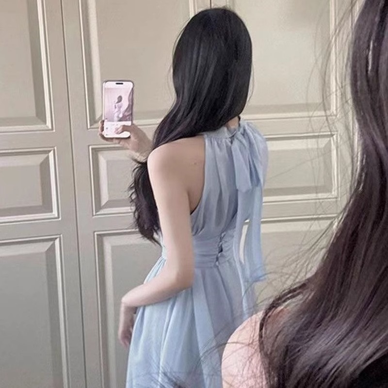 Sleeveless Neck Hanging dress Children Spring 2025 New Seaside Vacation Design Feeling Elegant French Waist Dress