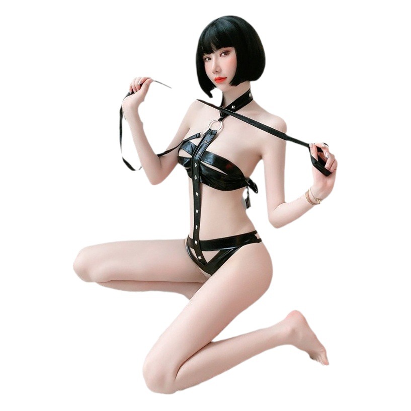 Red Sexy One-Piece Patent Leather Uniform Seductive Revealing Lingerie with Rivets and Traction for Role-Playing Game Set