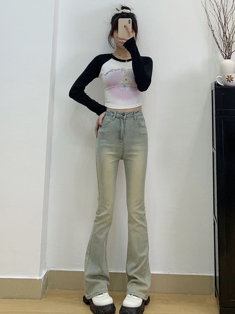 Retro American Distressed Yellow Mud-Dyed Jeans for Women 2024 New Student High-Waist Slim Stretch Boot-Cut Pants