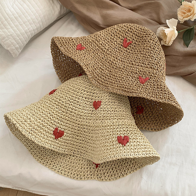 Picture of Love Handmade Straw Fisherman Hat Women's Summer Japanese Vacation Sunshade Straw Hat Seaside Beach Hat