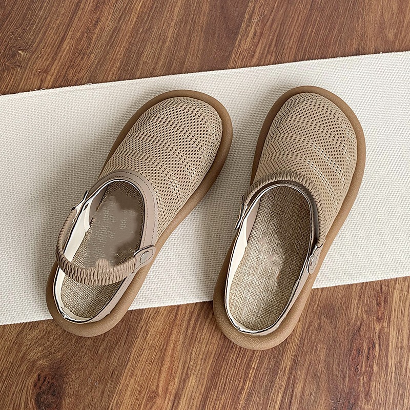 Summer Linen Sandals Women's One-piece Shoes Two-piece Soft-soled Baotou Half Slippers Outer-wear Breathable Mesh One-piece Slip-on Hole Shoes
