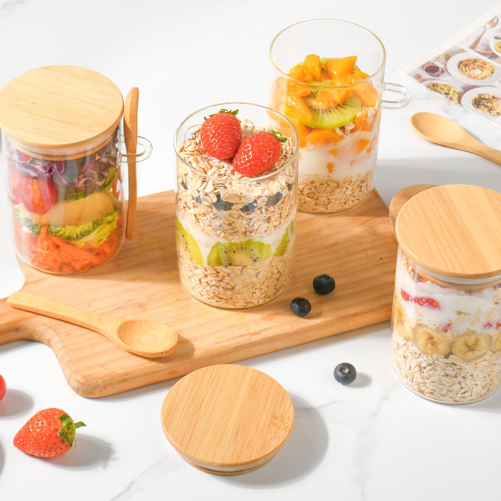 Cross-border Transparent Round Bamboo Lid Glass Jar with Bamboo Spoon Kitchen Storage Jar Oatmeal Cheese Moisture-proof Straight Sealed Jar