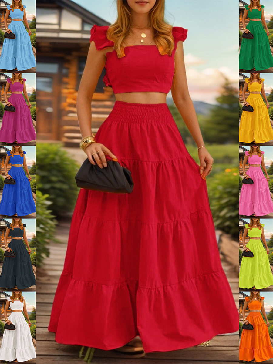 2024 spring European and American cross-border new elegant sexy solid color mid-waist sling large swing two-piece set suit dress