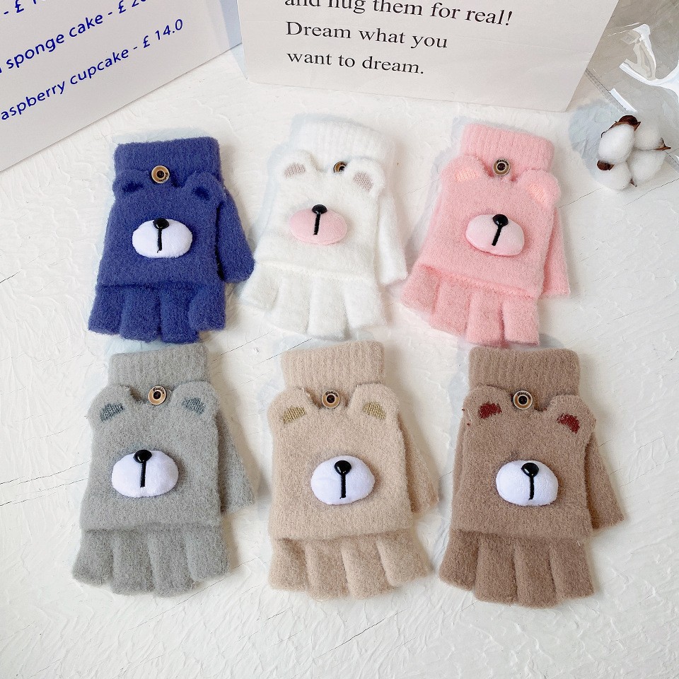 Adult Plush Warm Women's Winter Cold-Proof Thickeneded Half-Finger Flip Cartoon Bear Office Fingerless Gloves Touch Screen
