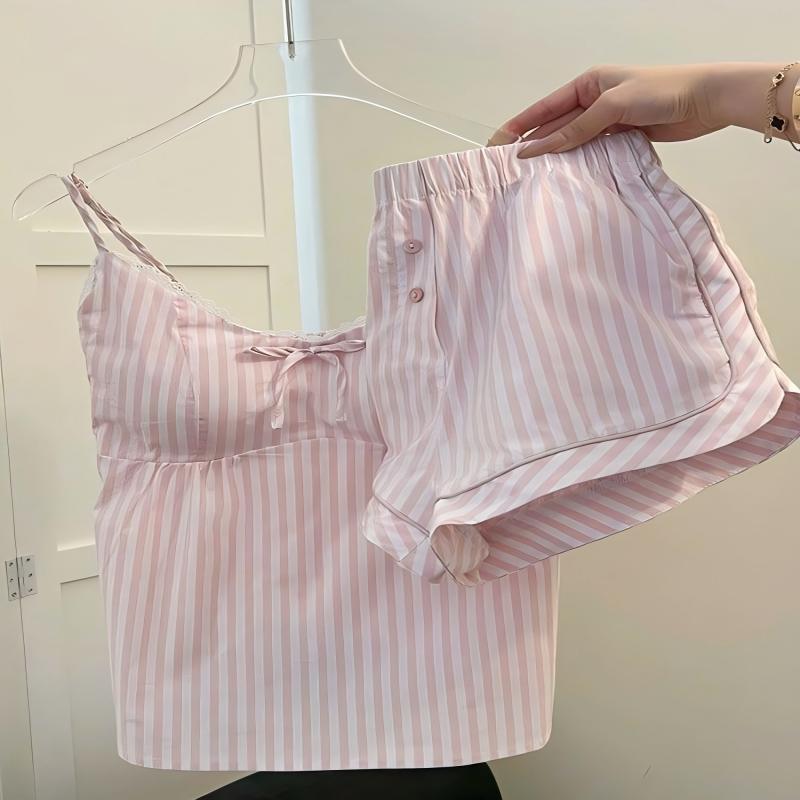 Summer New Pajamas for Women Imitation Cotton Suspender Shorts Suit Pink Stripesd Girl Student Sweet and Cute Home Clothes