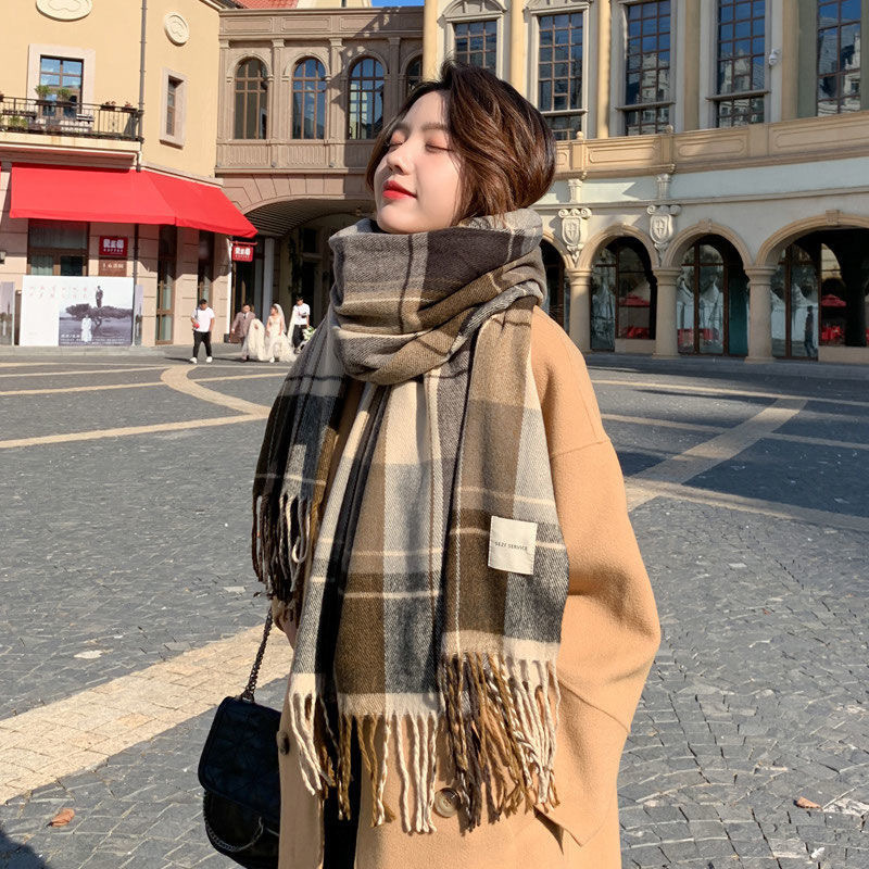 Autumn and winter plaid scarf women's high-grade versatile color matching tassel scarf cashmere-like thick warm shawl wholesale