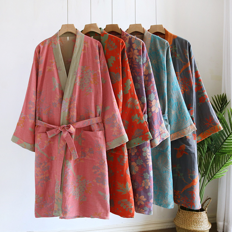 A variety of yarn-dyed jacquard cotton Japanese-style kimono nightgown women's loose bathrobe long pajamas sweat dress spring and summer