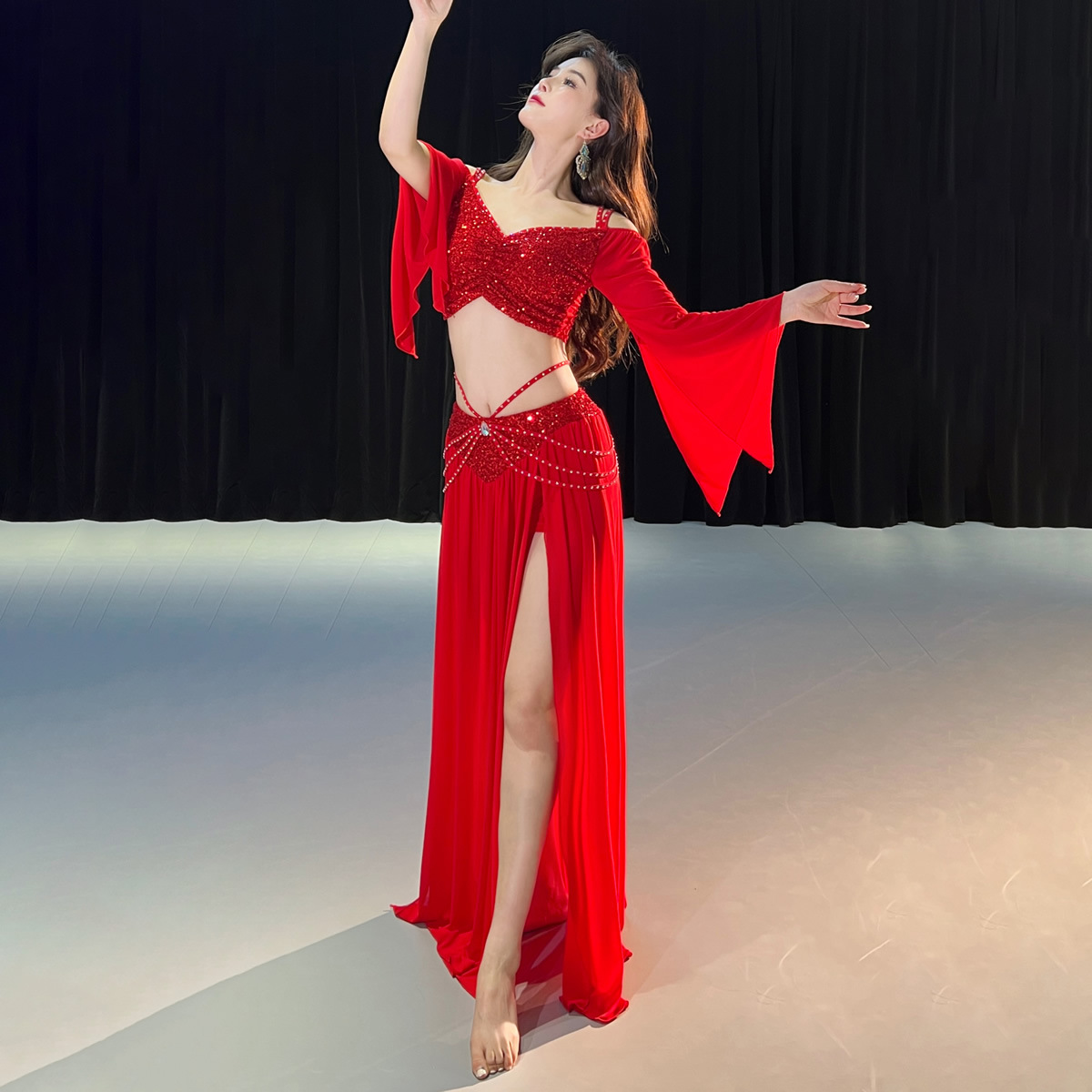 Picture of Dancers Original Niche Design Belly Dance Costume Sequins Spring Mesh Training Class Clothes suit 5090