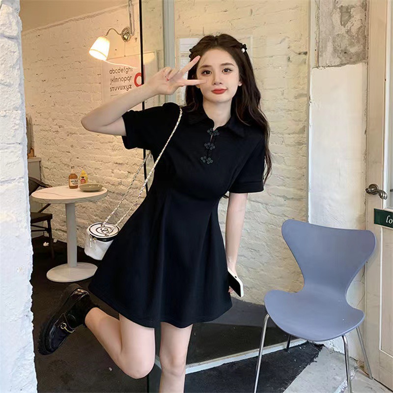 High-End Black Dress, Women's Summer Elegant Skirt, Improved Cheongsam Skirt, Short Skirt, Large Size Slimming Look New Chinese Style Skirt