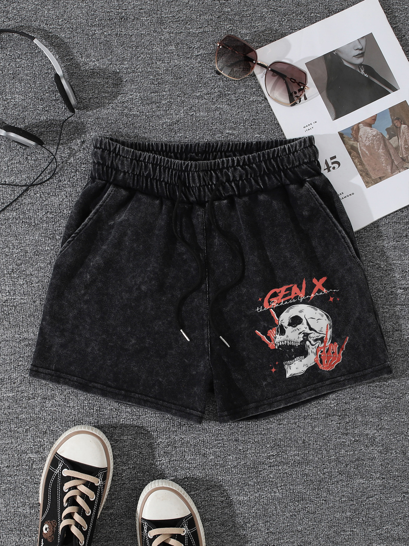 Cotton 62%/Polyester (Polyester Fiber) 38%/Women's Fried Snowflake Smiling Skull Print Retro Casual Style
