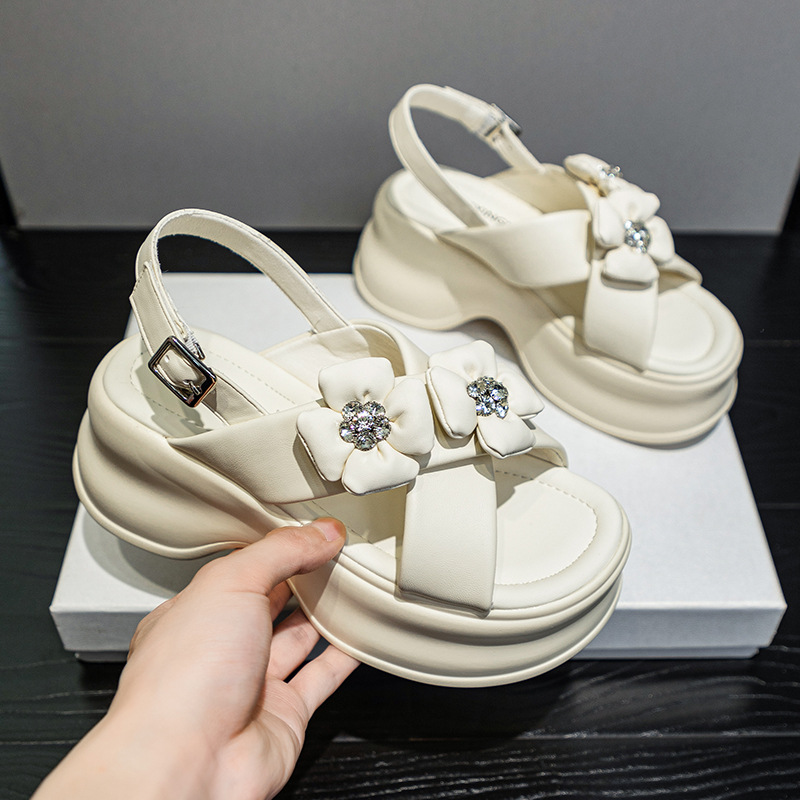 Leather Thick-Soled Sandals 2025 Summer New Style Heightening Rhinestone Bow Casual Fashion Versatile Small Women's Sandals