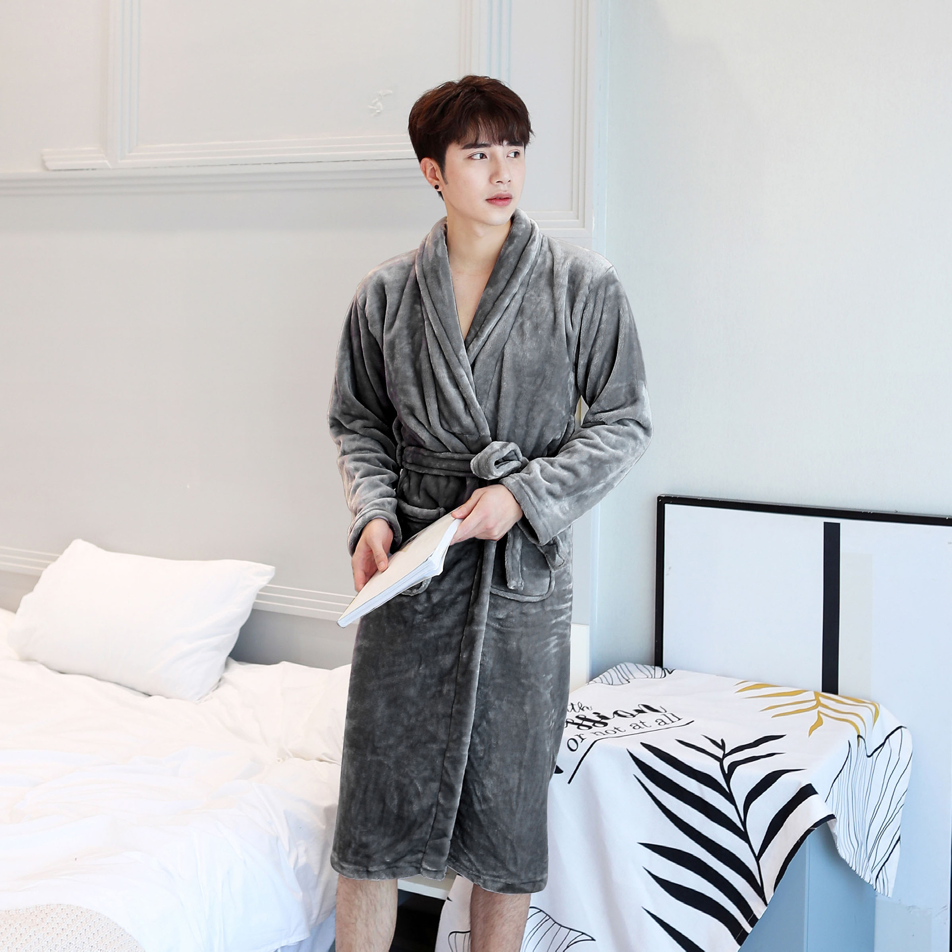 Picture of Factory in stock Flannel Nightgown Exlongation Coral Fleece Bathrobe Couples Home Clothes Pajamas Autumn and Winter Bathrobe for Men and Women