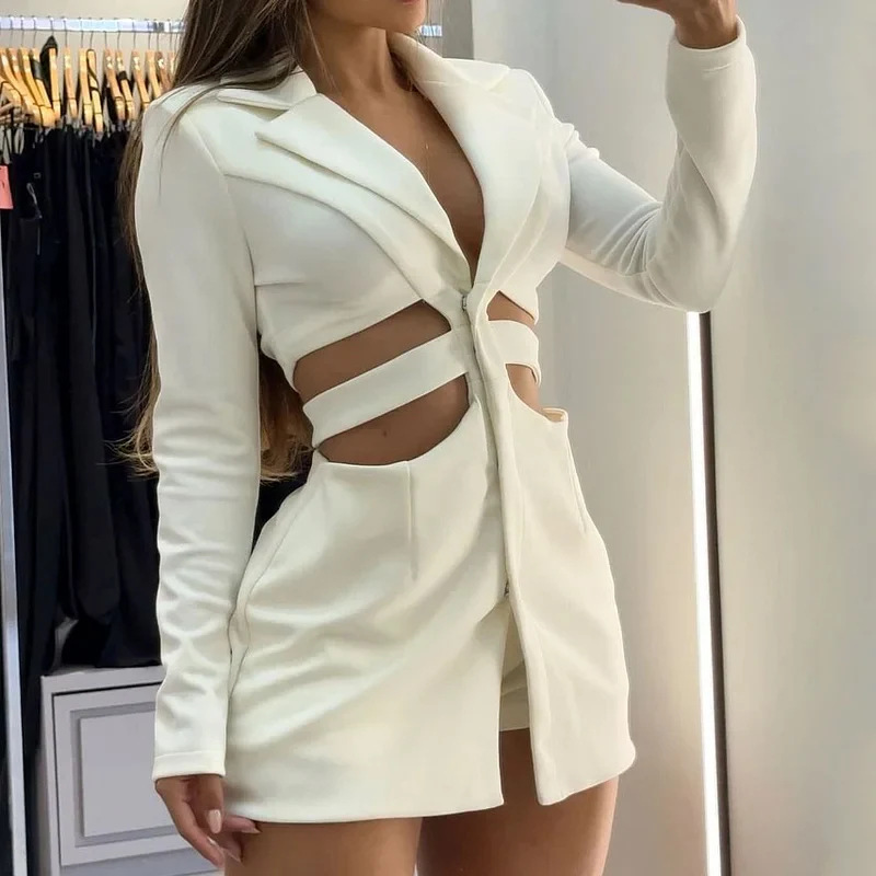 2024 Autumn New European and American Amazon Cross-Border Women's Clothing Pure Desire Style Fashion Hollow Sexy A-Line Suit Dress