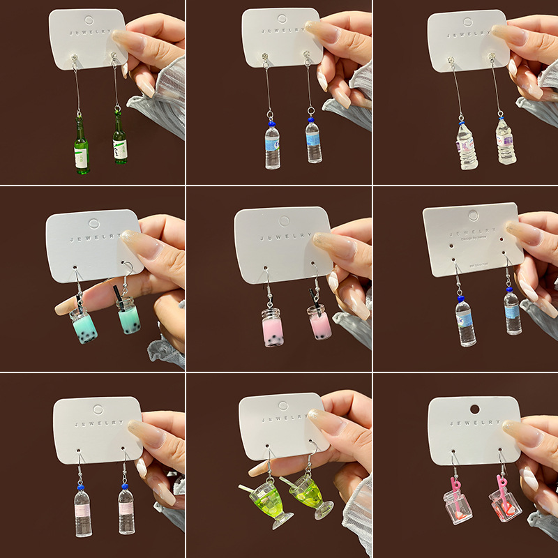 Japanese and Korean cartoon creative hand-made milk tea cup beverage bottle earrings ins funny cute mineral water bottle earrings earrings