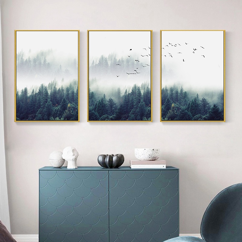 Amazon Cross-border Explosions Canvas Painting Mist Forest Bird Triple Painting Living Room Decorative Painting Nordic Style Frameless Core