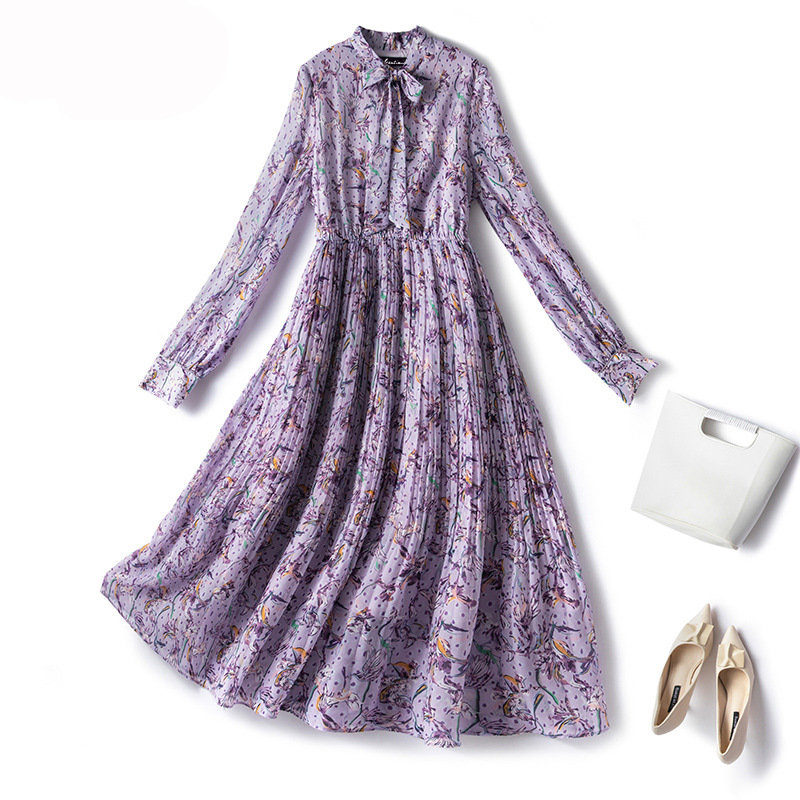 In Stock Large Size Long Dress 2021 Spring Printed Chiffon Dress Chubby Girl Slimming Pleated Dress Floral Dress A- line Dress