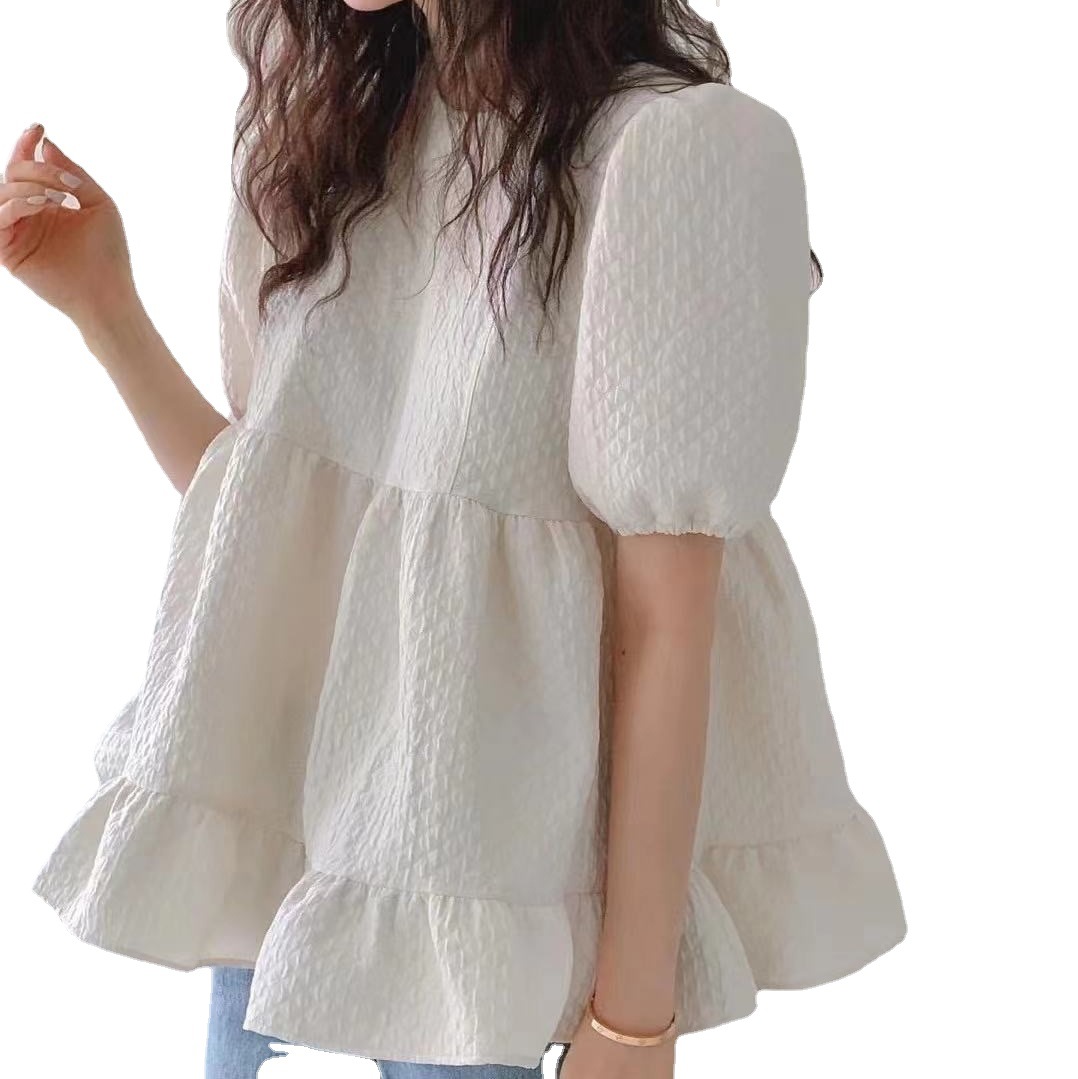Picture of 2023 Summer New Bubble Top Lotus Leaf Doll Shirt Sweet Short Sleeve Shirt Women's Japanese and Korean Foreign Trade