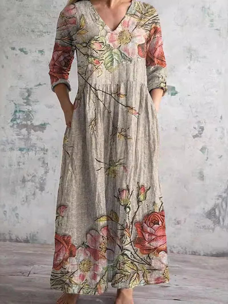 Foreign trade cross-border European and American women's clothing new independent station leisure women's fashion flower 3D printing long dress