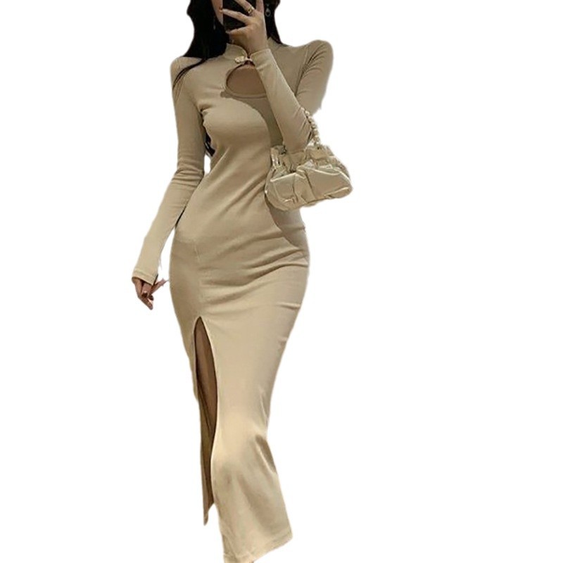 Picture of Yujie Fan Elegant European and American Style Sexy Long Sleeve Skirt Hollow Split Slim-fit Slim-fit Base dress Long Skirt Trendy