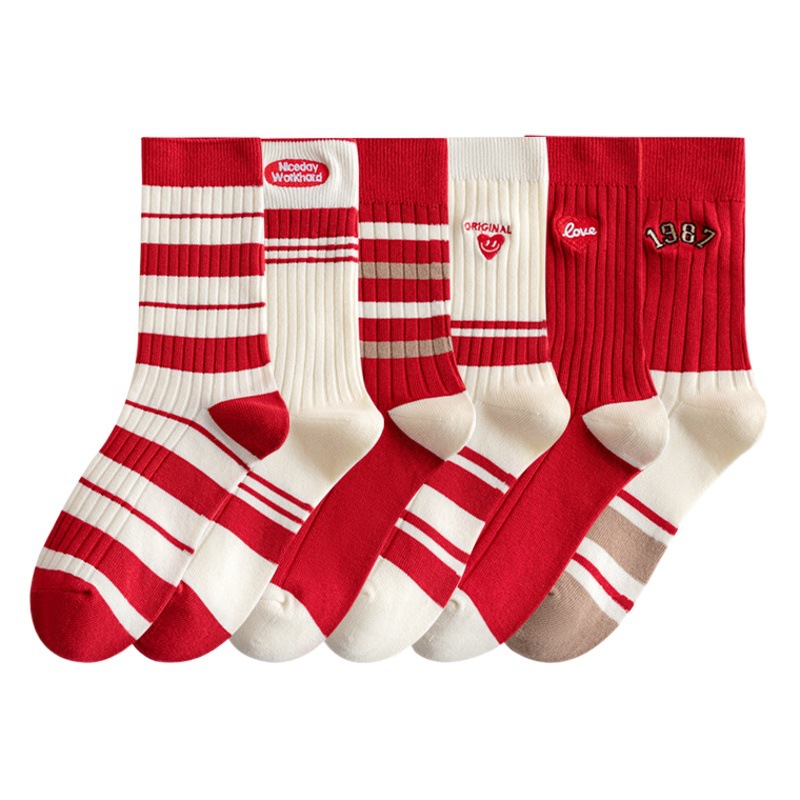Red socks women's mid-calf length socks autumn and winter pure cotton birth year pile Socks striped boneless design stockings spring and autumn