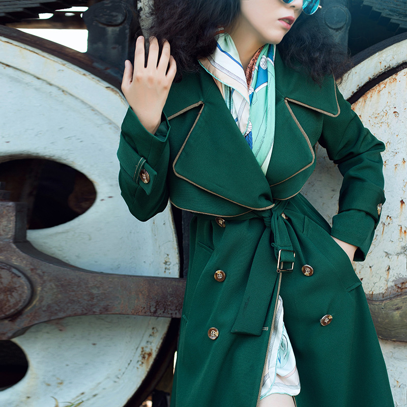 Picture of Dark Green Mid-Length Trench Coat 2025 Spring and Autumn New Slim-Fit Long Coat with a British Style and Double-Breasted Design