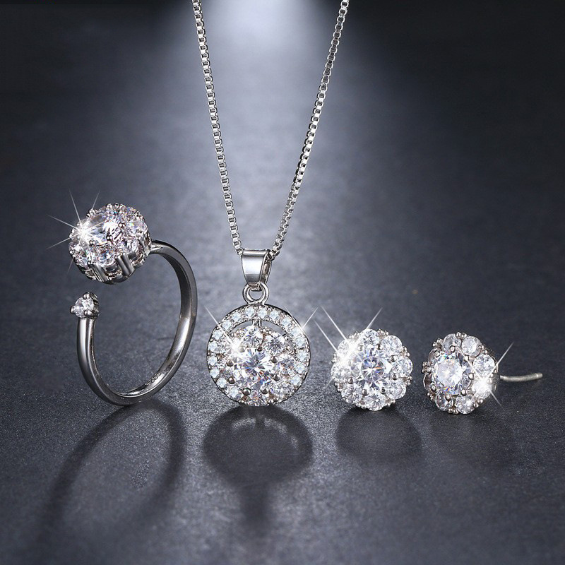 Elegant Korean style fashion gold-plated zircon flower stud earrings Internet celebrity same rotating ring necklace earrings suit wholesale