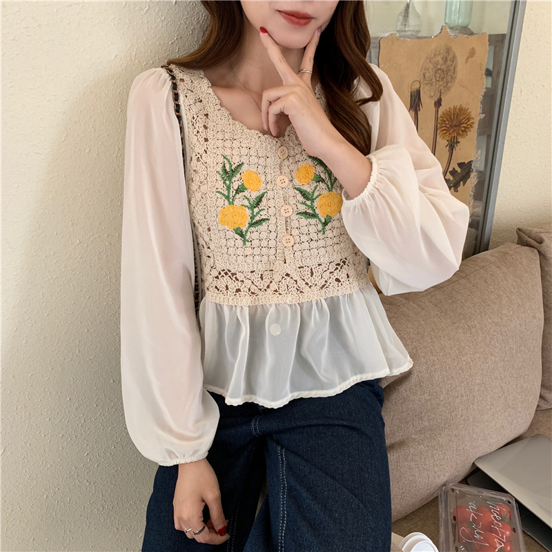 Picture of Spring and Autumn 2025 New Gentle Super Fairy Retro Embroidery Design Niche Top Chiffon Square Neck Long Sleeve Shirt for Women