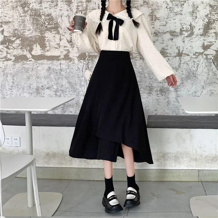 Picture of 2023 Autumn and Winter plus size chubby girl Mid-length Skirt Women's High Waist All-match Hip Covering A- line Skirt Black Hip Skirt