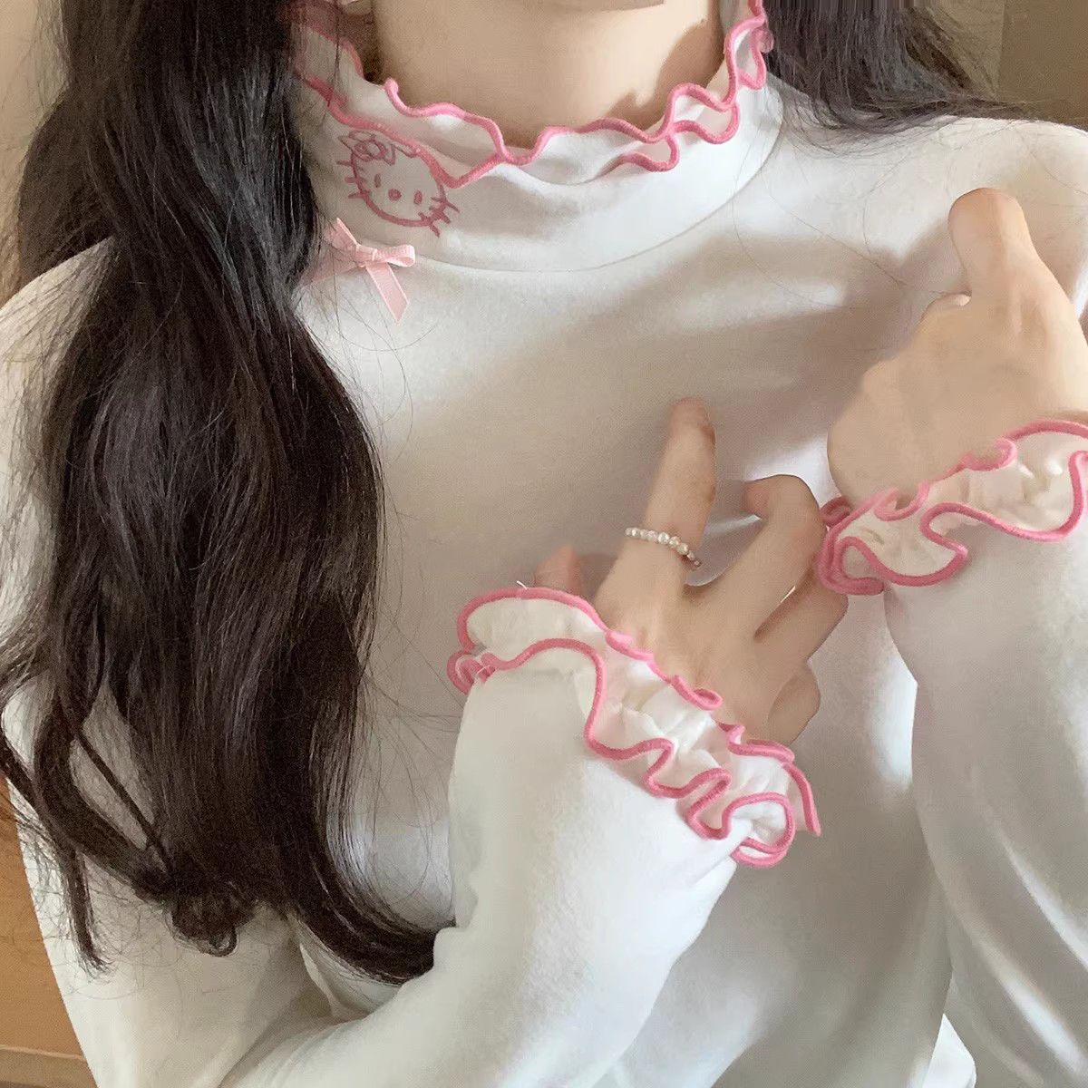 Autumn and winter sanding heating warm velvet base shirt women's design feeling thickened wood-ear edge semi-high collar inner top