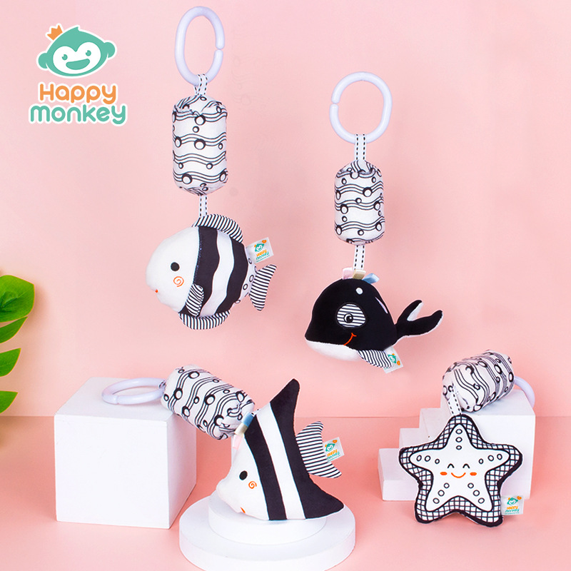 Happy Monkey Newborn Bed Bell Early Education Toy Visual Stimulation Black and White Small Wind Chime Marine Animal Bed Hanging