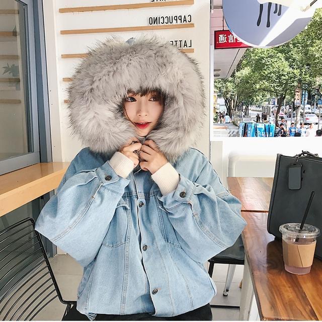 Picture of 2025 Autumn and Winter New Denim Jacket Women's Korean Style Loose Female Student Plus Velvet Thickened Large Fur Collar Hooded Jacket Women