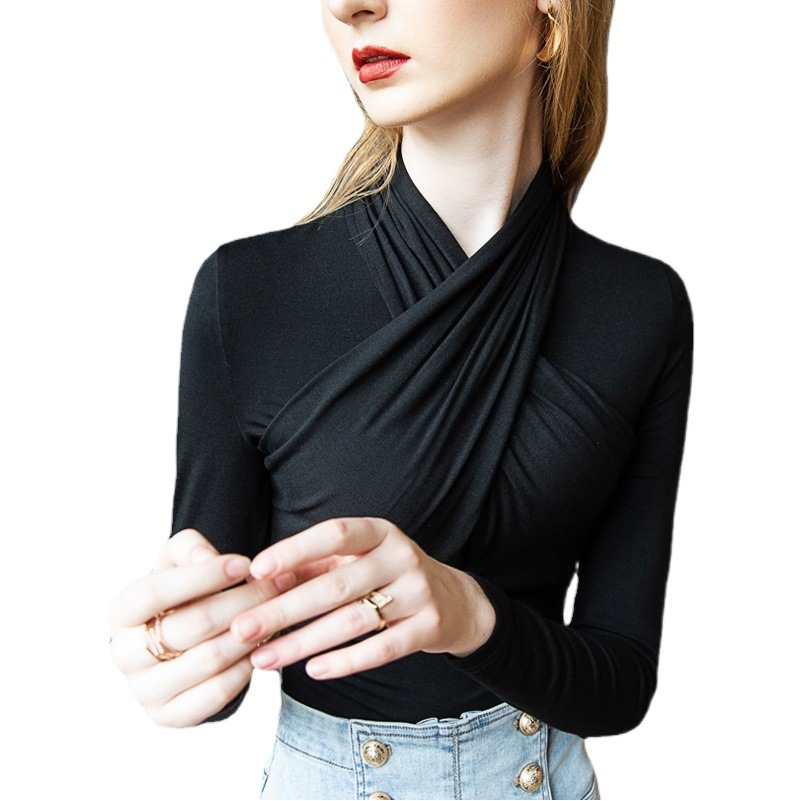 Design Sense Hanging Neck Top Autumn and Winter New Inner Base Shirt Elegant Long Sleeve European Goods Small Shirt