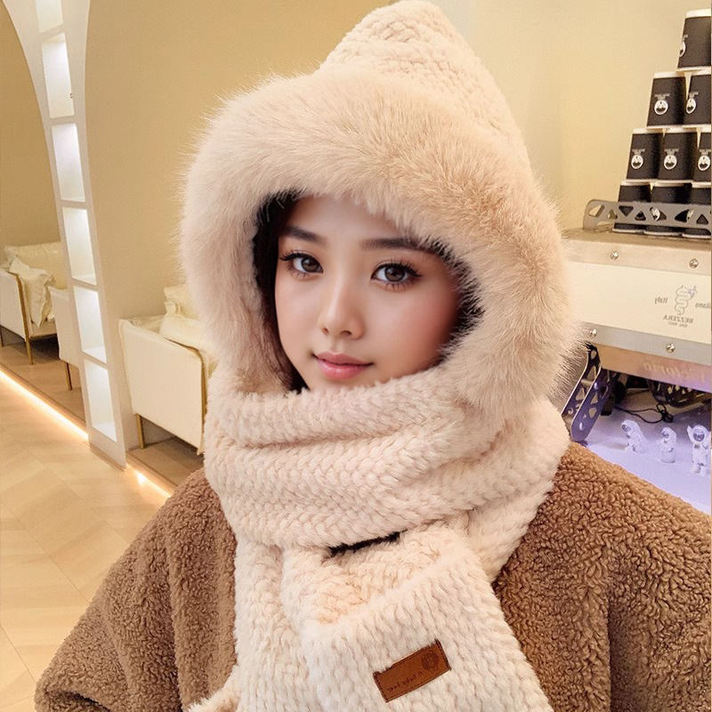 Picture of Cute Bear Hat Gloves Three-in-One Scarf Plush Hat Winter Riding Women's Easy Outdoor High-Level Warm Hat