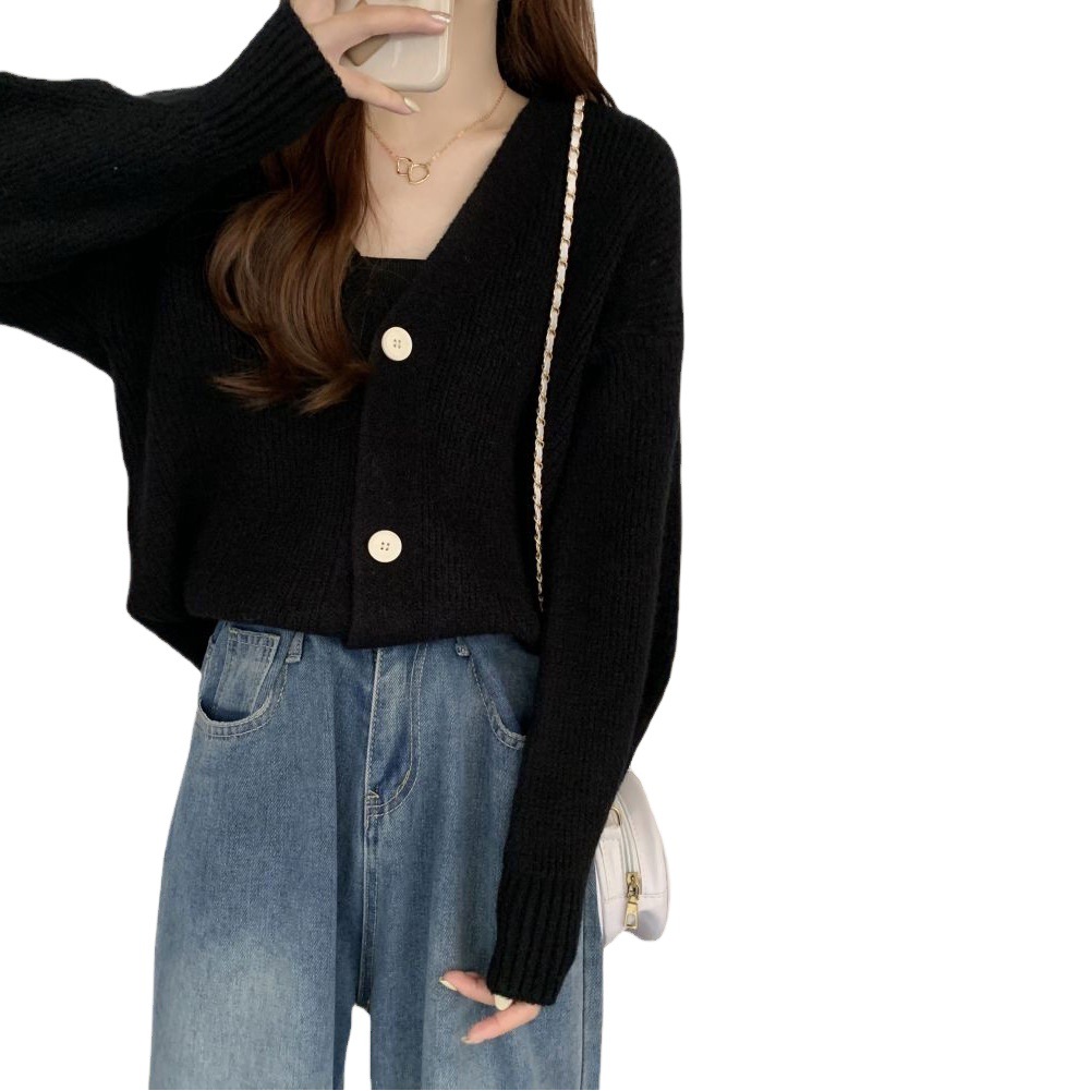 Japanese style retro V-neck knitted cardigan coat spring and autumn 2024 New loose lazy style soft glutinous sweater for women