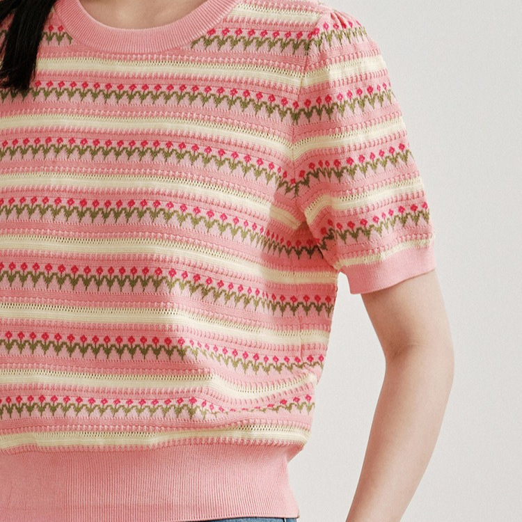 Dopamine Pink Wear Thin Short Sleeve Sweater Women's 2024 Summer New Right Shoulder Striped Pink Top
