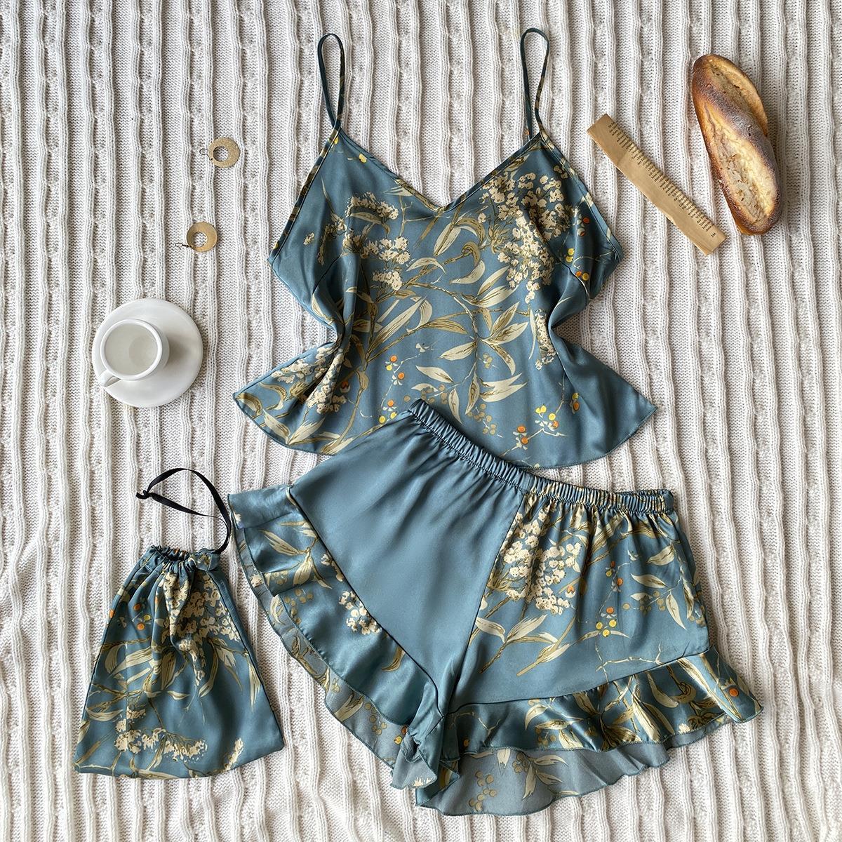 Cross-Border spring and summer artificial silk pajamas two-piece suit fashion printed shorts home wear suit sexy suspender dress