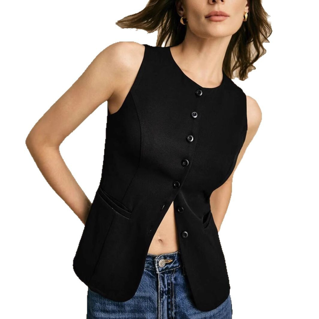 Picture of Summer European and American Women's Cross-border New Commuter Simple Fashion Button Solid Color Vest Casual Top Round Neck Vest