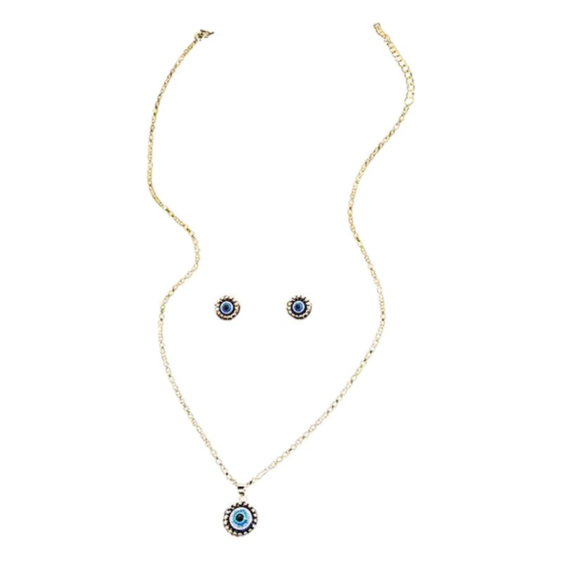 European and American Personality Nightmare Eye Pendant Necklace Design Sense Inlaid Geometric Round Earrings Blue Eye Set Women