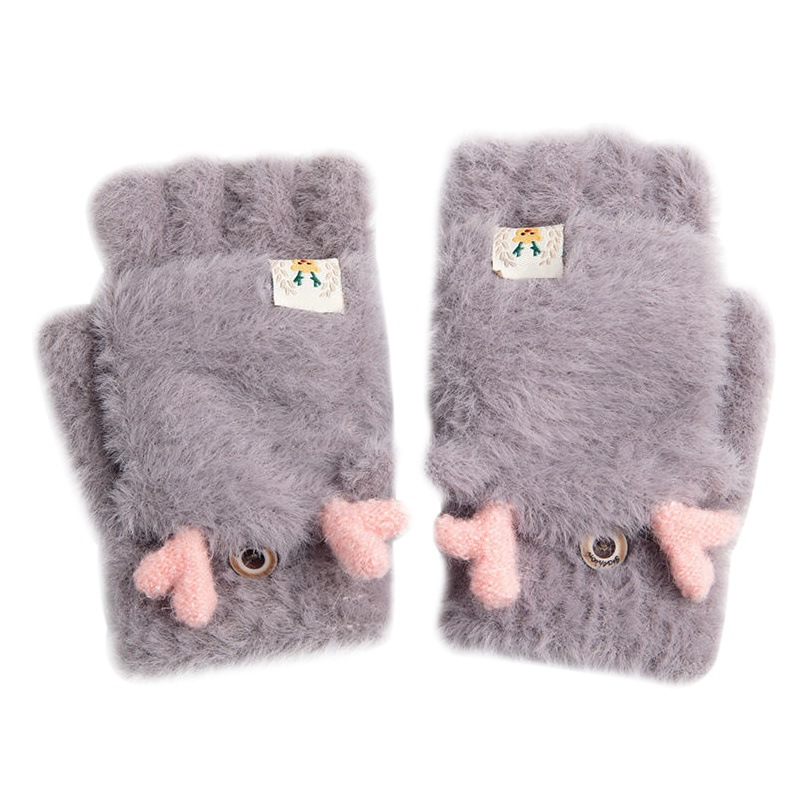 Cute antler female flip half finger gloves Internet celebrity winter fleece-lined thick warm adult student cold-proof open finger winter