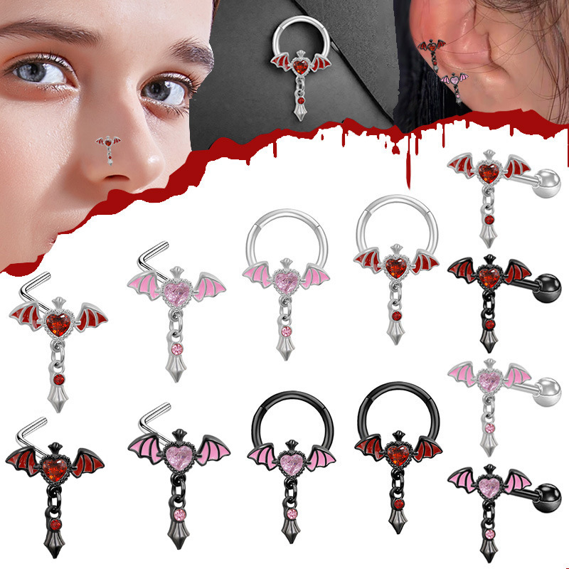 Gaibei European and American Cross-border Heart-shaped Pendant Ear Bone Nail Crown Nose Ring Earring Wings L-bar Nose Nail Piercing Jewelry