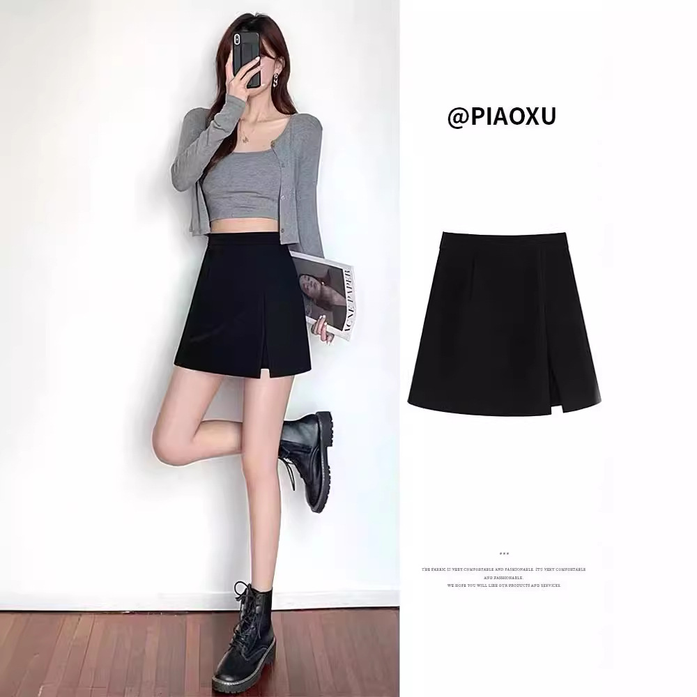 Black skirt women's spring, autumn and winter 2023 new high waist slimming sheath split culottes suit A- line skirt