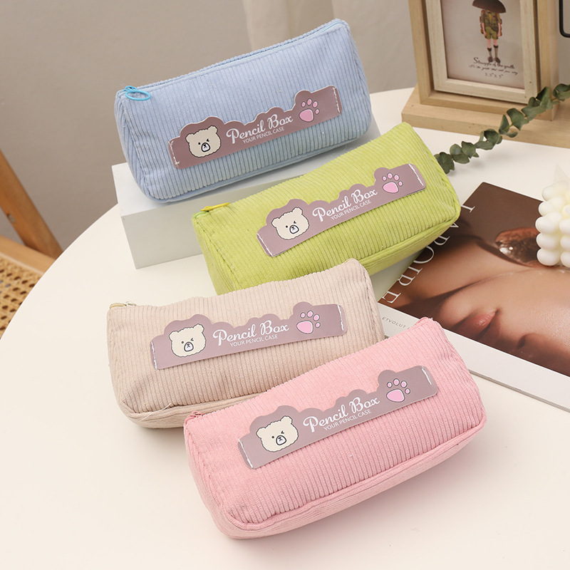 Bear corduroy pencil bag ins Japanese large capacity pencil storage stationery bag girls Korean simple pencil case