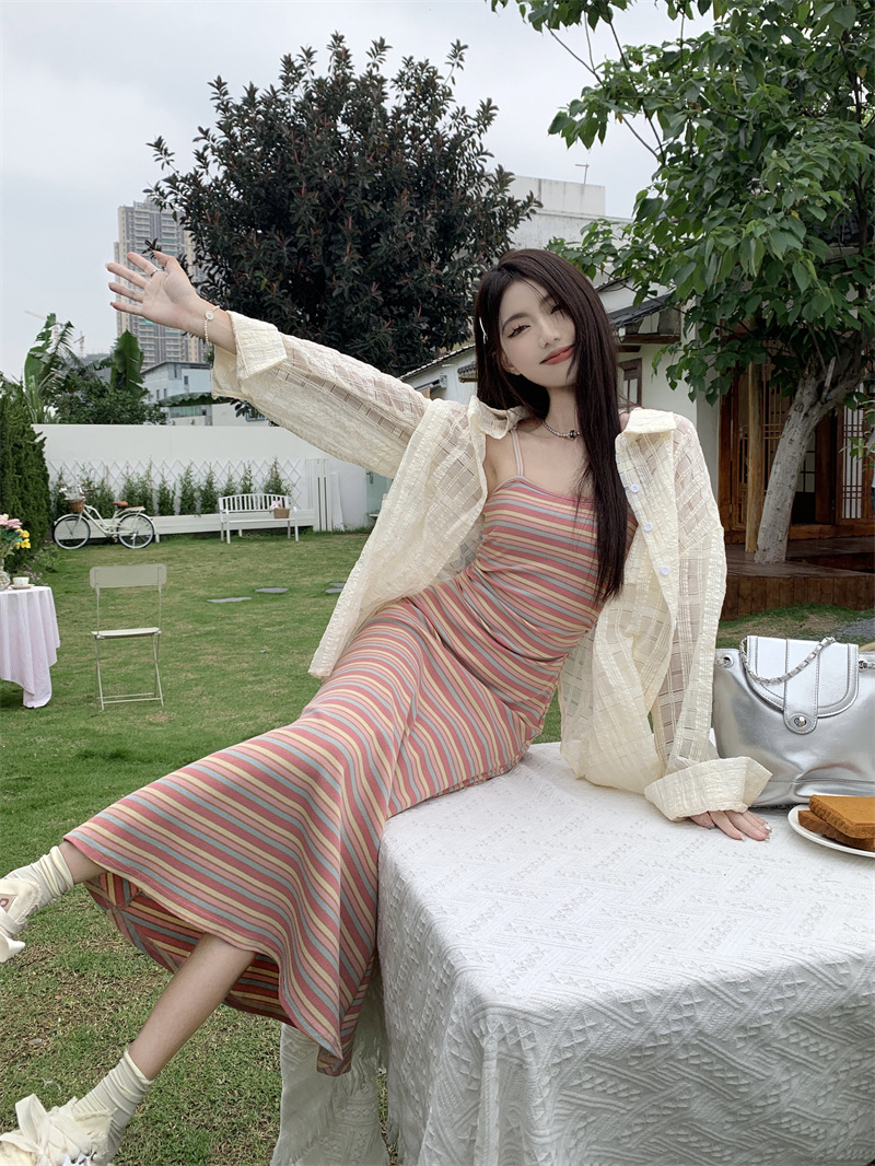 Picture of Dopamine Rainbow Stripe Knitted Sling dress Women's Summer Dali Seaside Vacation Postmom's Hip Vest Long Skirt