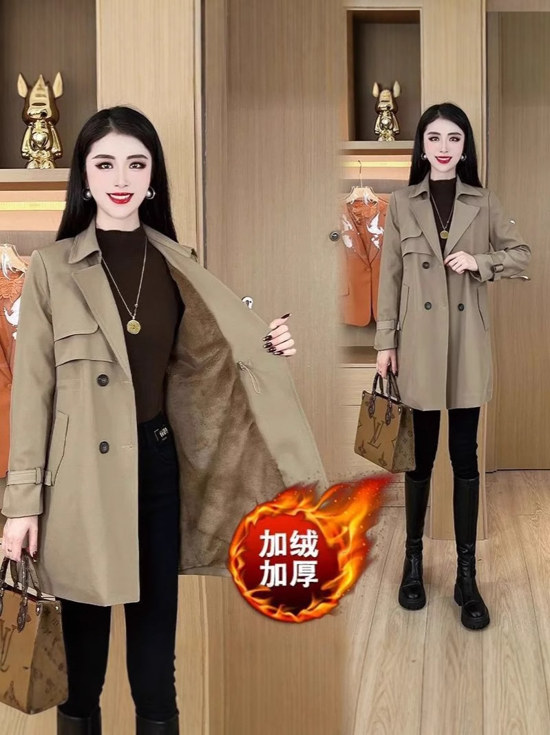 fleece-lined Thickened Windbreaker Coat Women's 2024 Autumn and Winter New Fashionable Waist Mid-length Slimming Warm Elegant Coat